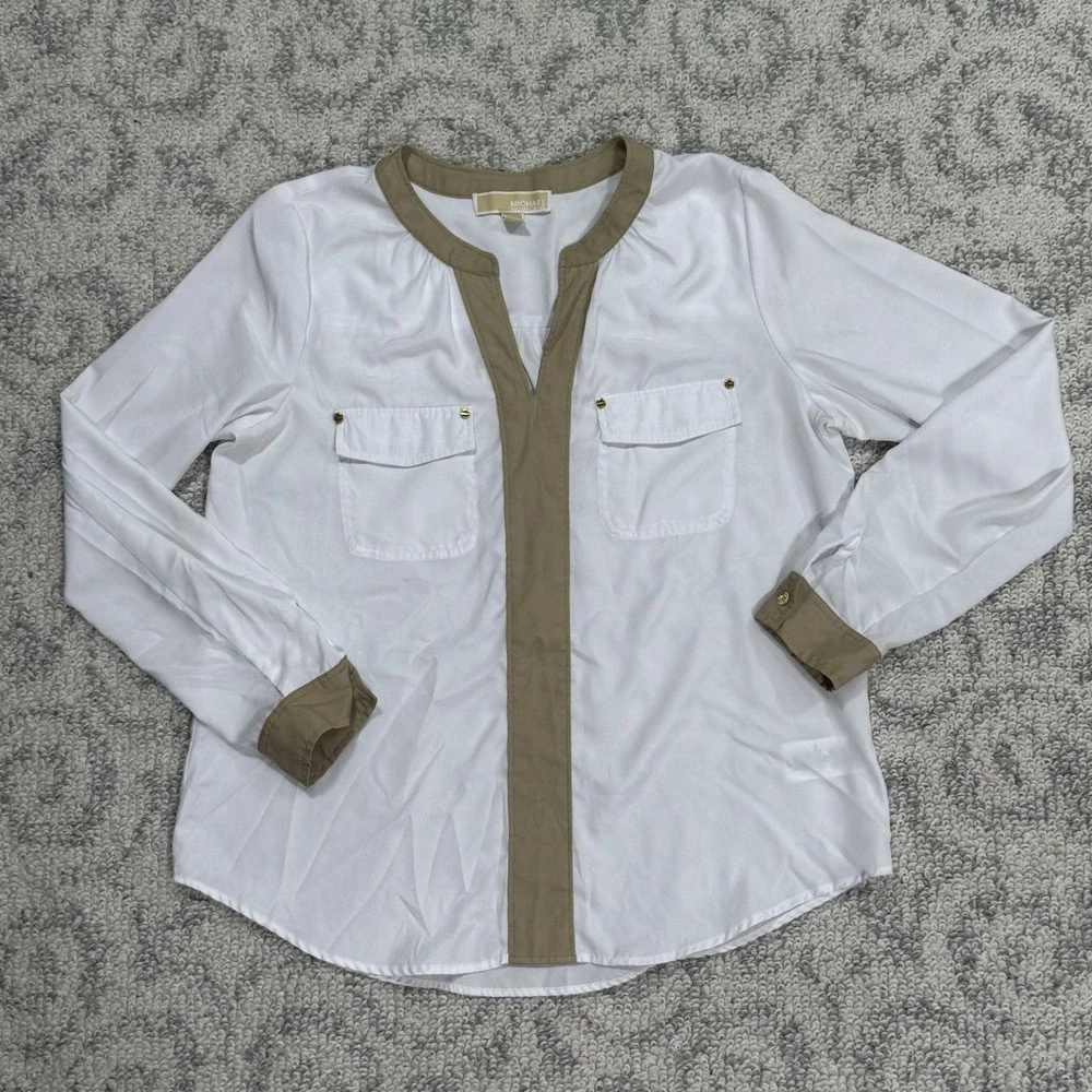 Michael Kors White Pullover V‎ Neck Blouse Pockets Women's Size Medium